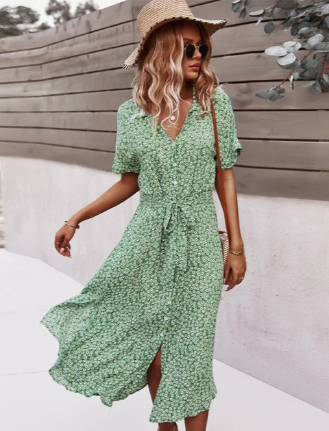 Dames blousejurk met knoopsluiting, strikceintuur, korte mouwen en bloemenpatroon in midilengte