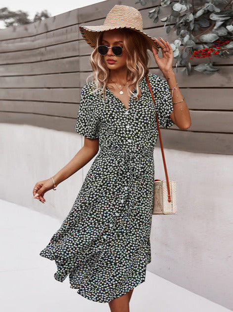 Dames blousejurk met knoopsluiting, strikceintuur, korte mouwen en bloemenpatroon in midilengte