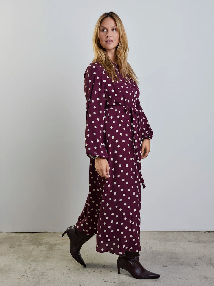 Telse Damen Hemdblusenkleid mit Punkten, Bindegürtel und Ballonärmeln