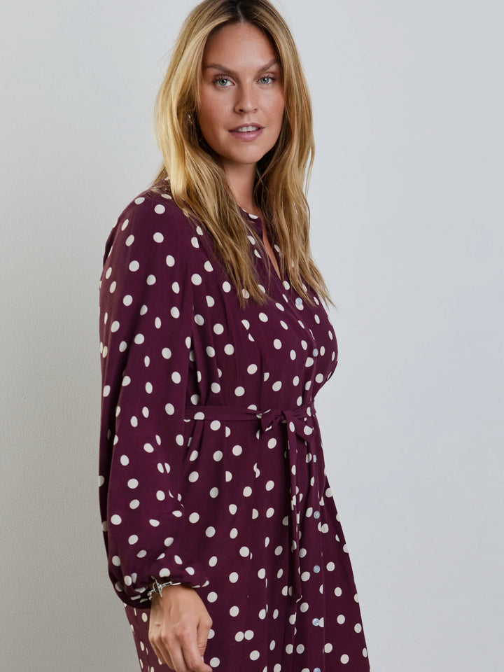 Telse Damen Hemdblusenkleid mit Punkten, Bindegürtel und Ballonärmeln