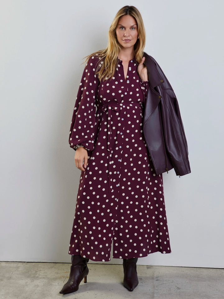 Telse Damen Hemdblusenkleid mit Punkten, Bindegürtel und Ballonärmeln