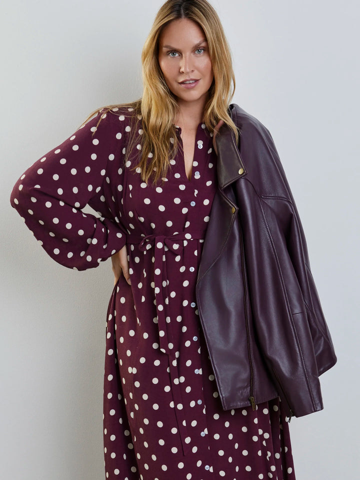 Telse Damen Hemdblusenkleid mit Punkten, Bindegürtel und Ballonärmeln