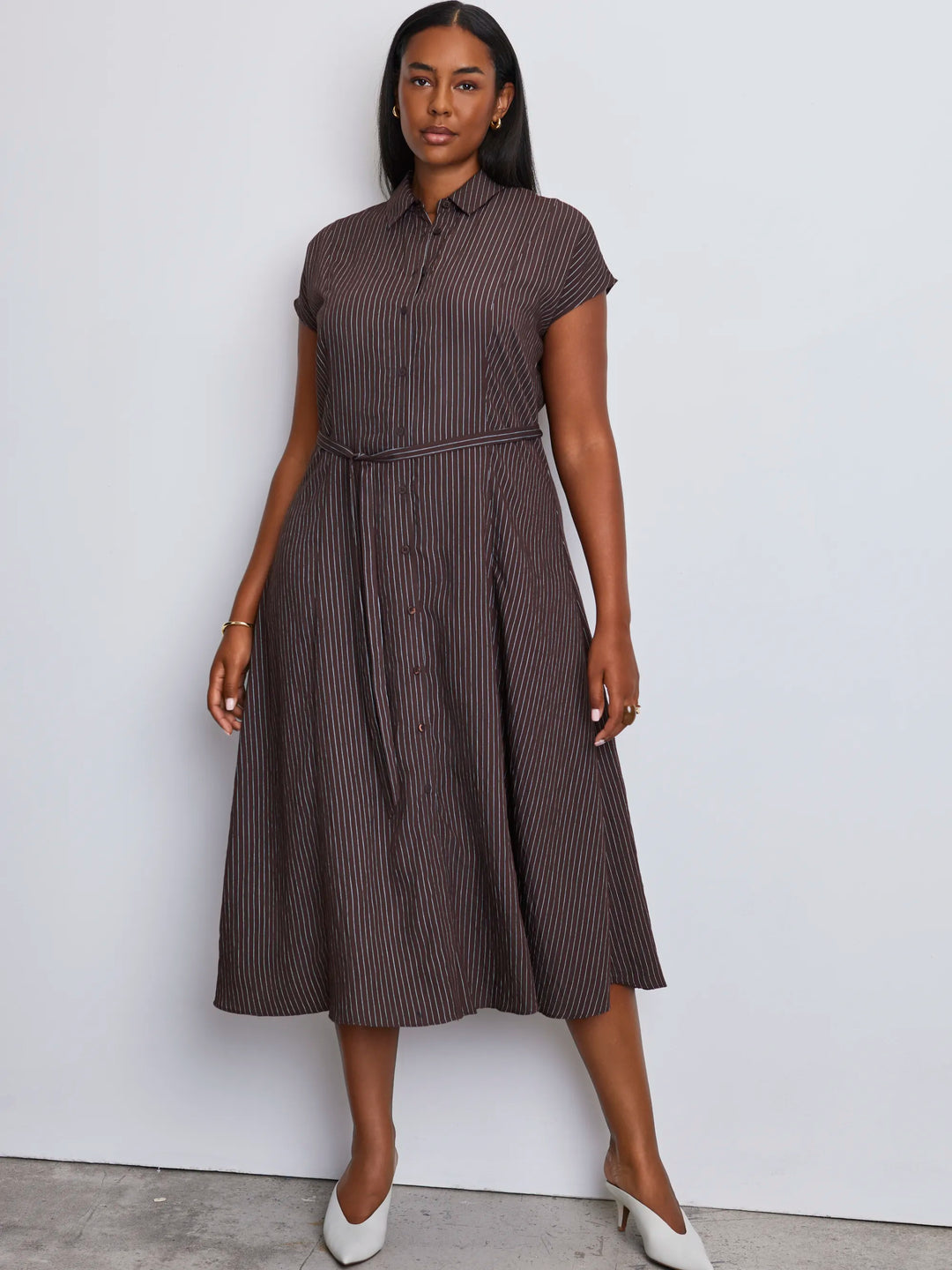 Swantje Damen Hemdblusenkleid mit Streifen, Bindegürtel und kurzen Ärmeln