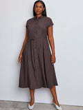 Swantje | Damen Hemdblusenkleid mit Streifen, Bindegürtel und kurzen Ärmeln
