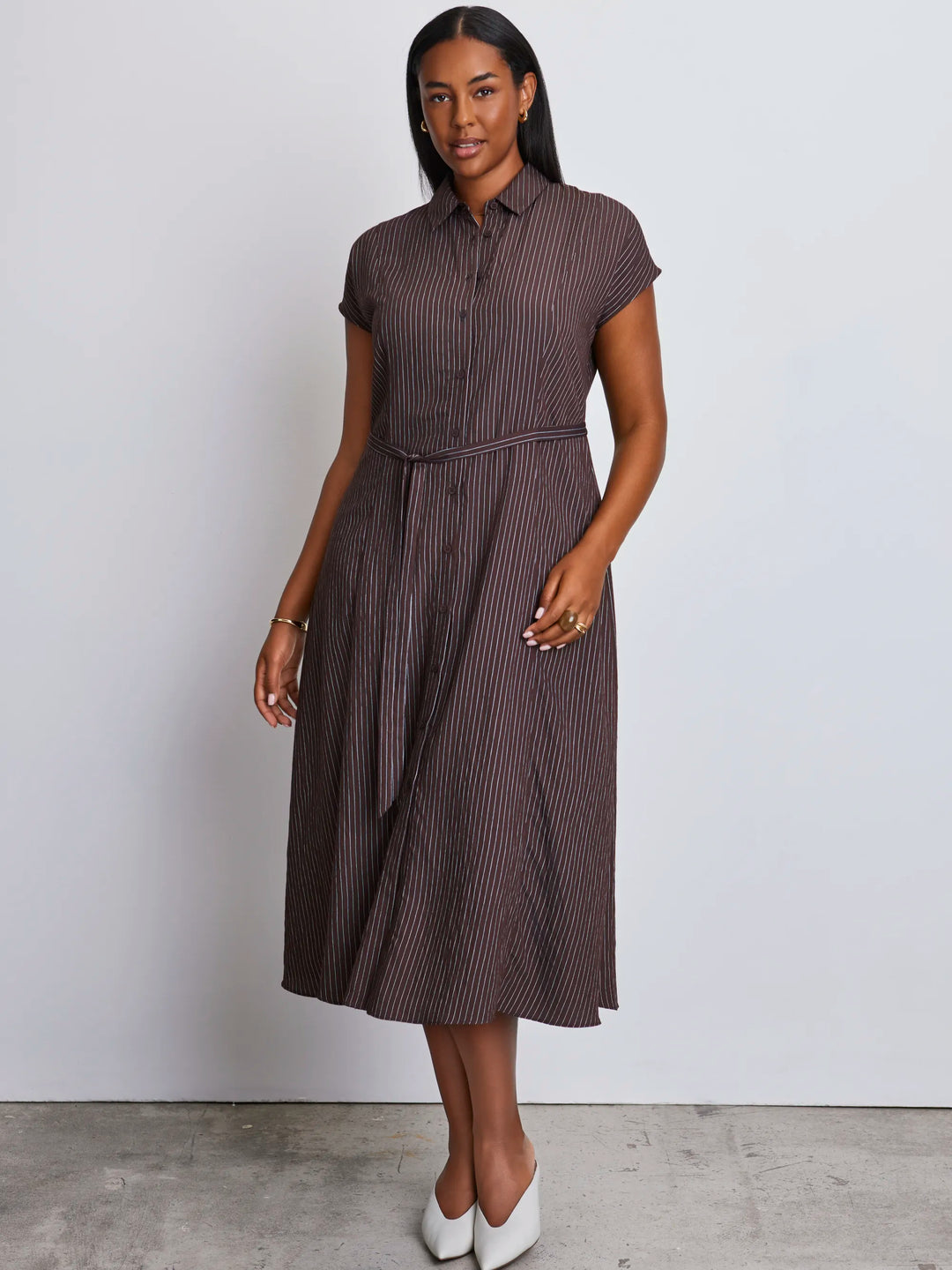 Swantje Damen Hemdblusenkleid mit Streifen, Bindegürtel und kurzen Ärmeln