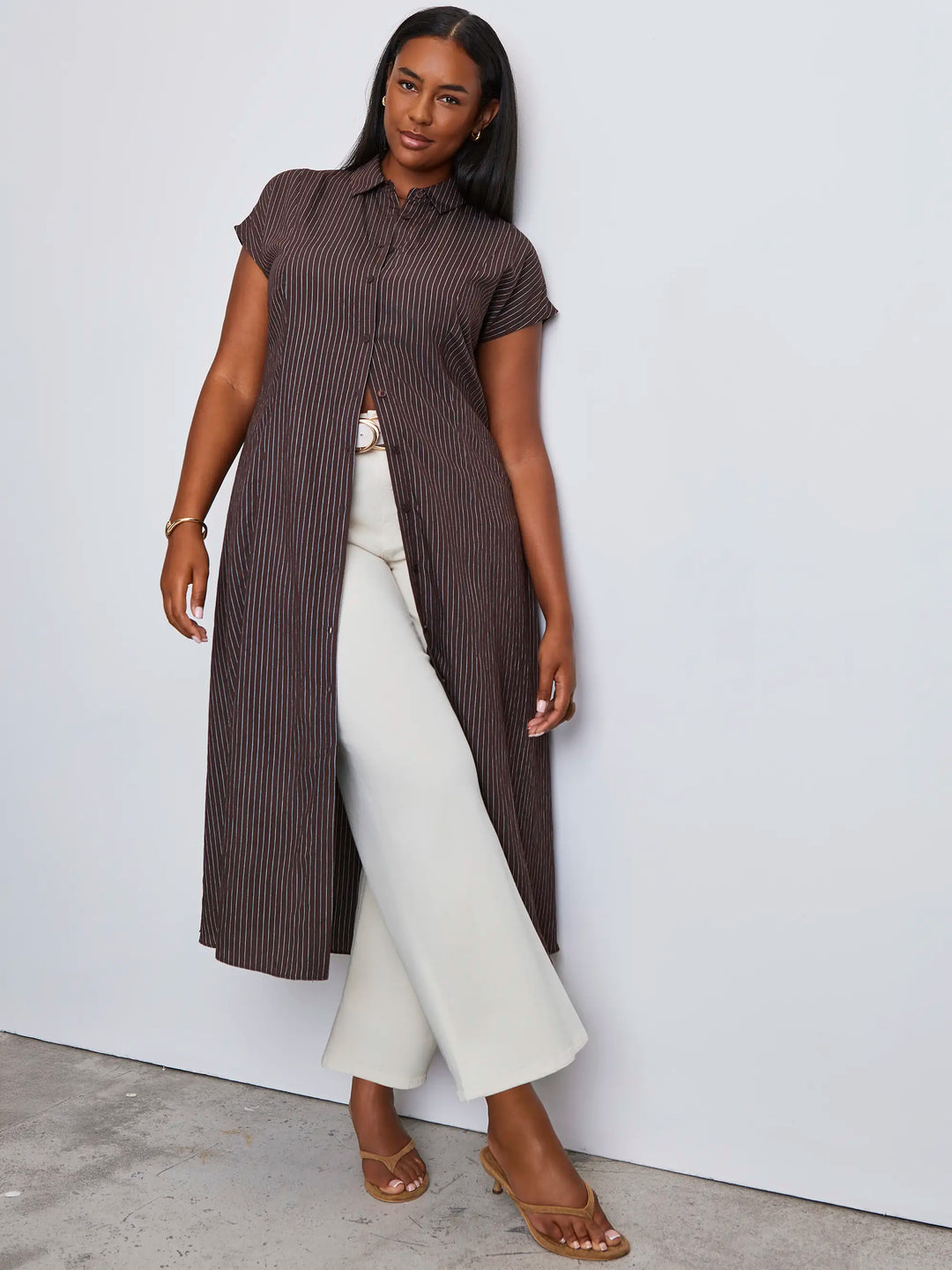 Swantje Damen Hemdblusenkleid mit Streifen, Bindegürtel und kurzen Ärmeln