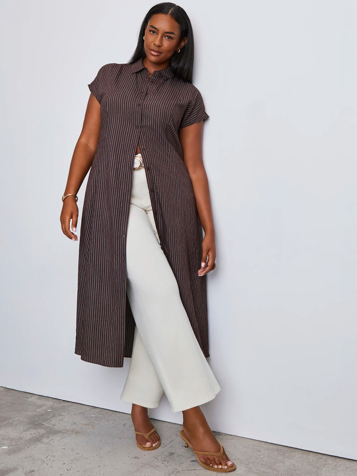 Swantje Damen Hemdblusenkleid mit Streifen, Bindegürtel und kurzen Ärmeln