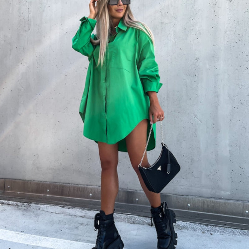 Damen Hemdkleid mit Knopfleiste Kragen und Langen Ärmeln