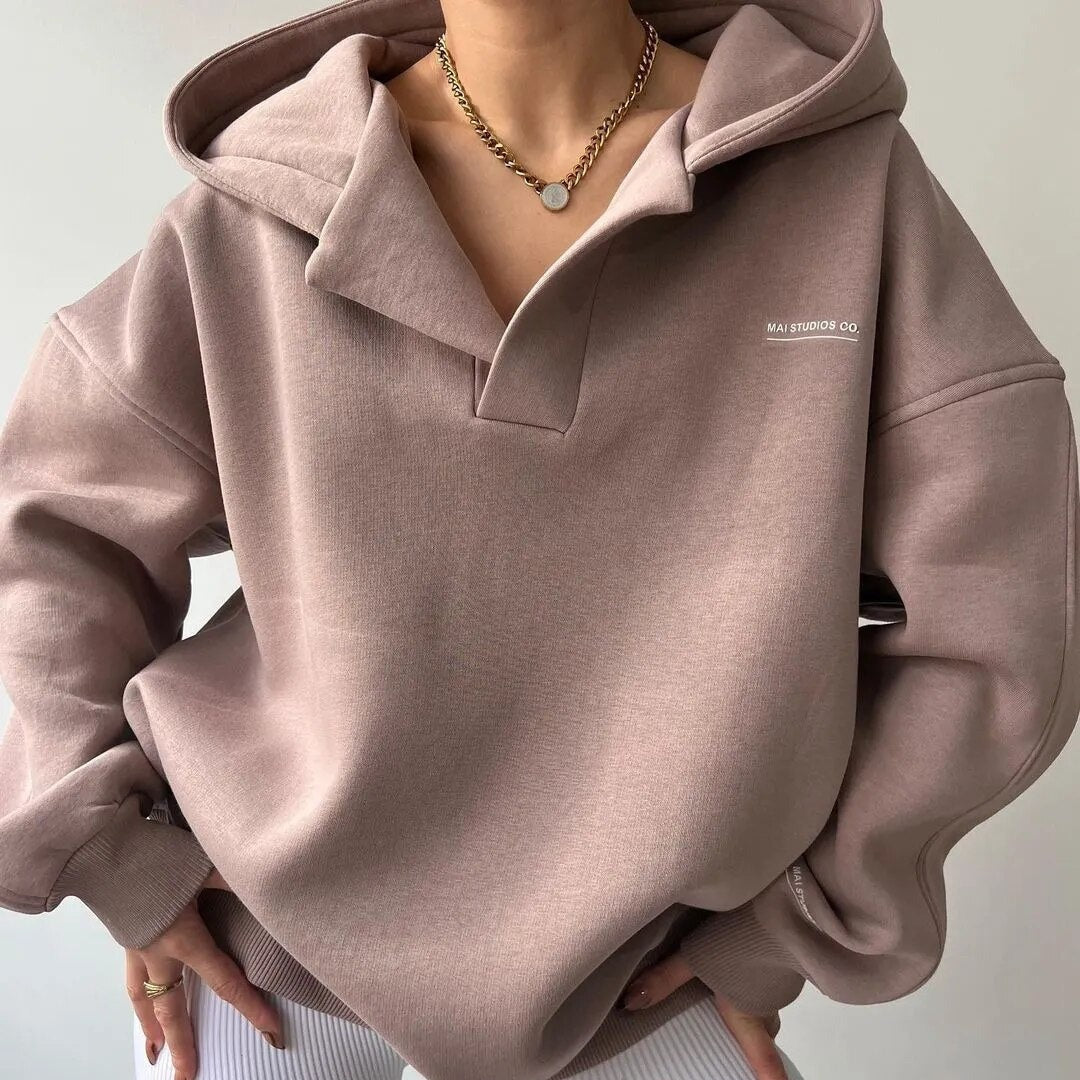 Damen Hoodie mit Kapuze V-Ausschnitt Polokragen und Bündchen