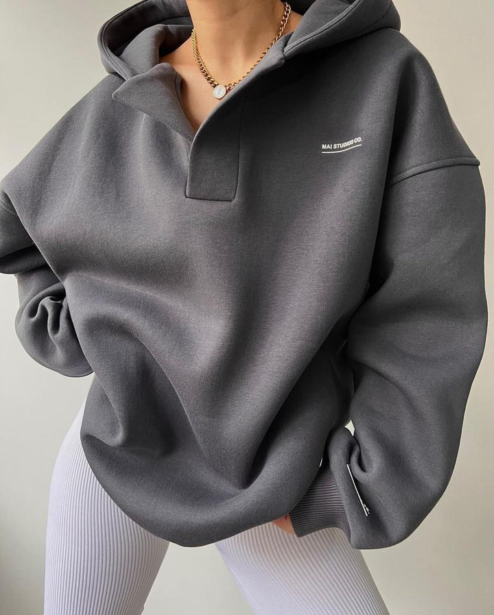 Damen Hoodie mit Kapuze V-Ausschnitt Polokragen und Bündchen