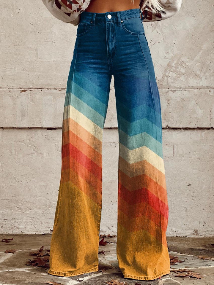 Damen Hose mit weitem Bein und Farbverlauf in Regenbogenfarben