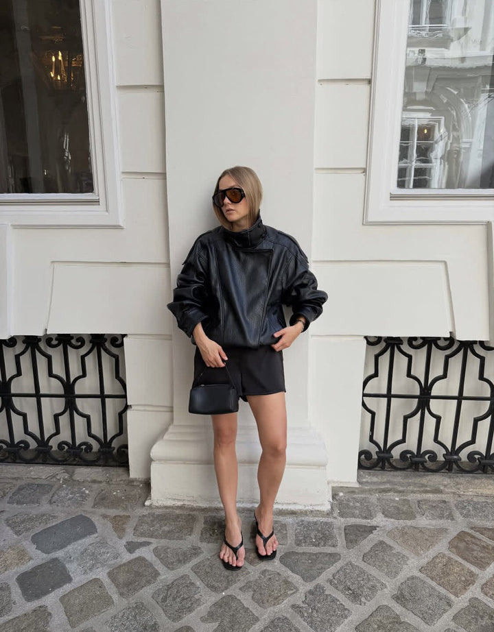 Damesjas met leren look en opstaande kraag