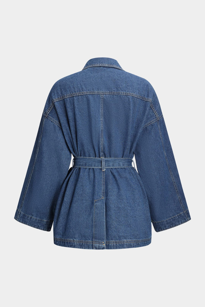 Damen Jeansjacke mit Bindegürtel und vier aufgesetzten Taschen