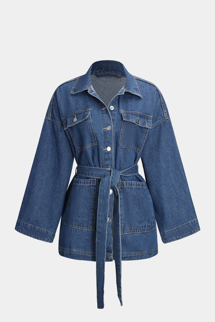 Damen Jeansjacke mit Bindegürtel und vier aufgesetzten Taschen