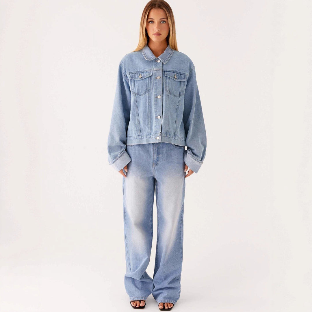 Damen Jeansjacke mit Brusttaschen und Kontrastkrempe
