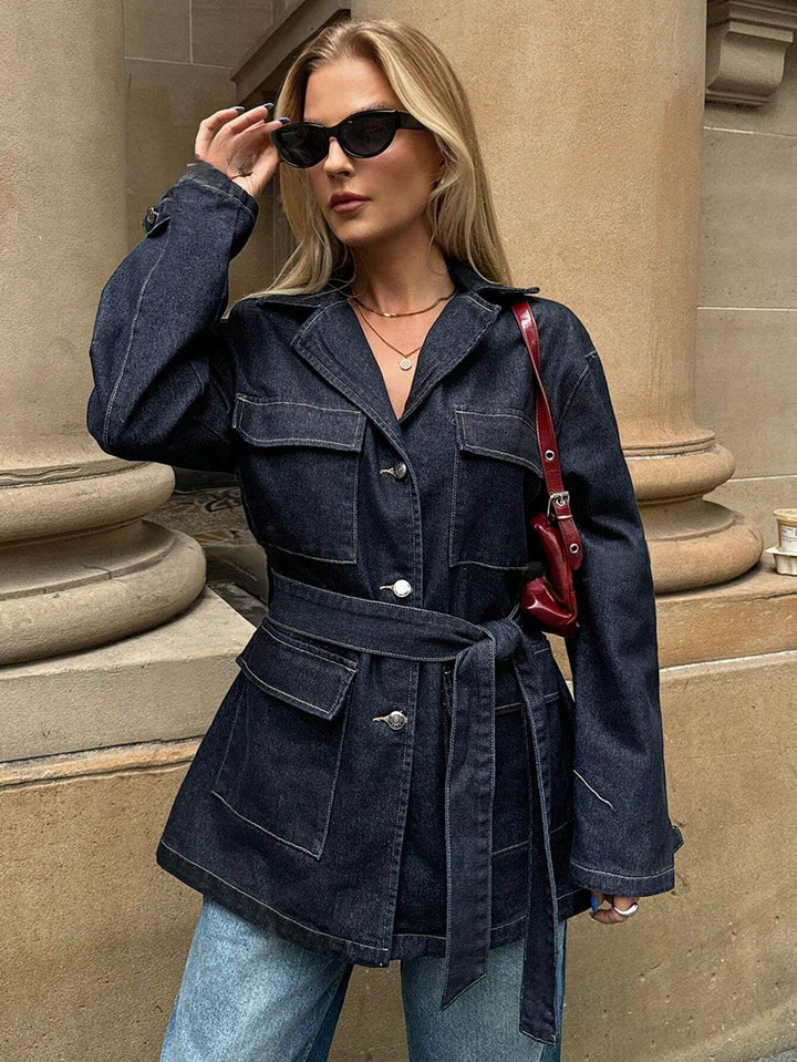 Damen Jeansjacke mit Gürtel und Brusttaschen