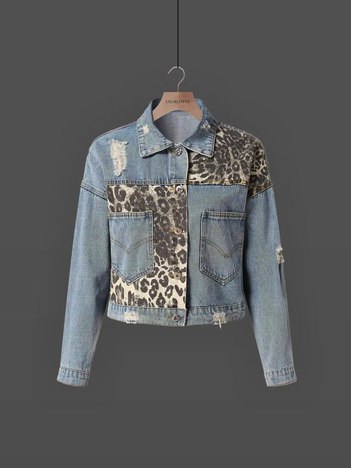 Damen Jeansjacke mit Leopardenmuster-Patchwork und ausgefransten Kanten