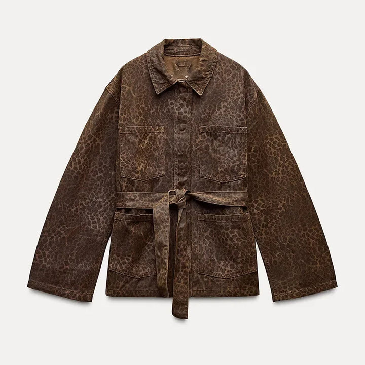 Damen Jeansjacke mit Leopardenmuster und Bindegürtel