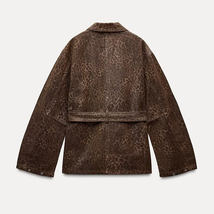 Damen Jeansjacke mit Leopardenmuster und Bindegürtel