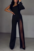 Damen Jumpsuit mit Ein-Schulter-Träger Langarm Weitem Bein und Netzeinsatz