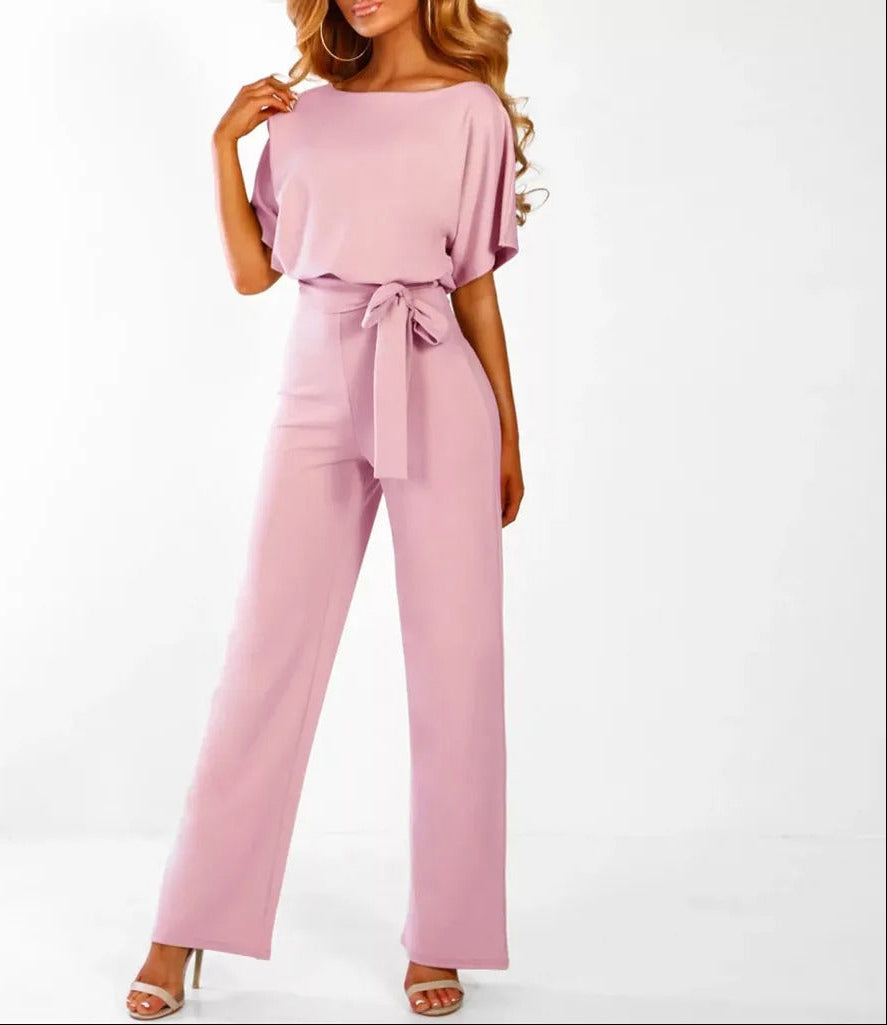 Damen Jumpsuit mit gerafften Ärmeln und Bindegürtel