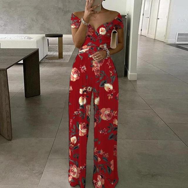 Damesjumpsuit met off-shoulderhals en wikkeltop met wijde pijpen