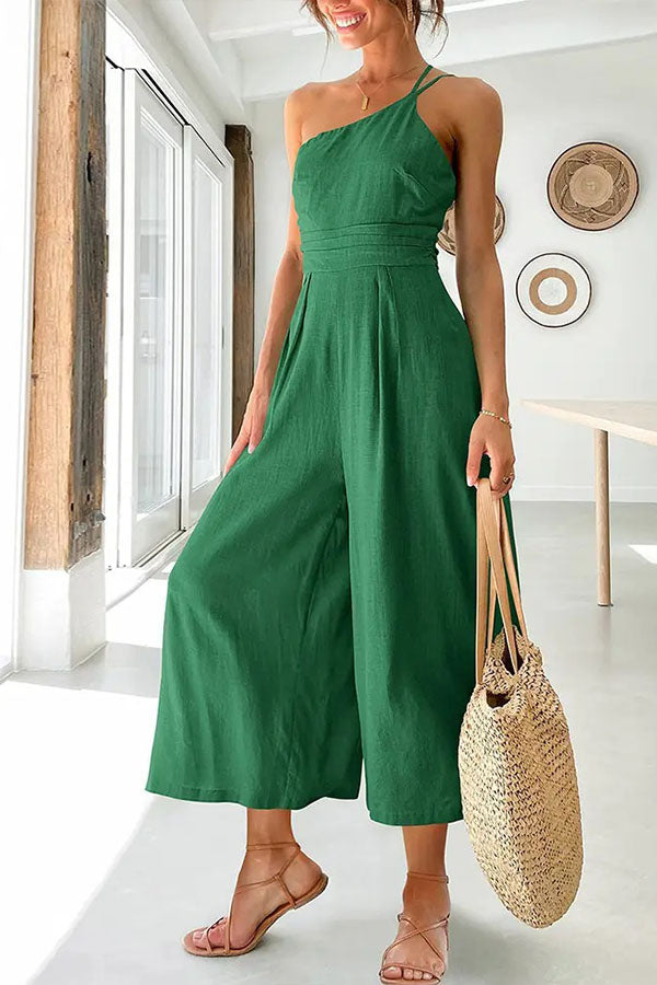 Dames jumpsuit met one-shoulderband en wijde pijpen