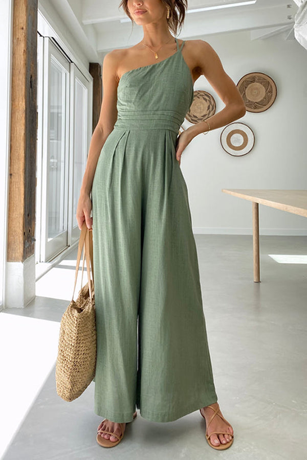 Dames jumpsuit met one-shoulderband en wijde pijpen