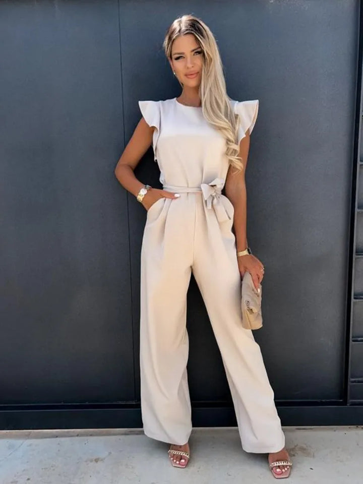 Damen Jumpsuit mit Rüschenärmeln und Bindegürtel