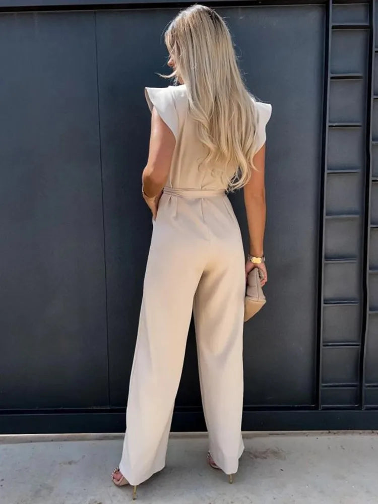 Damen Jumpsuit mit Rüschenärmeln und Bindegürtel