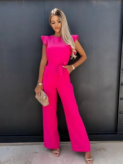 Damen Jumpsuit mit Rüschenärmeln und Bindegürtel