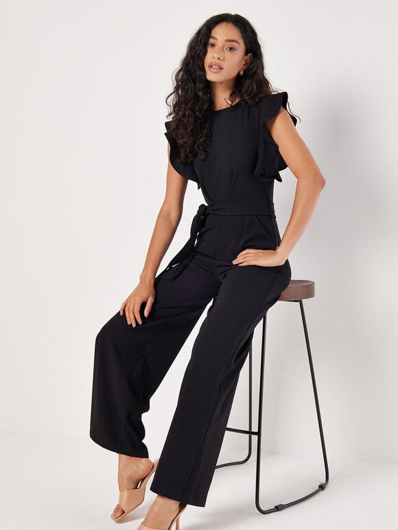 Damen Jumpsuit mit Rüschenärmeln und Bindegürtel