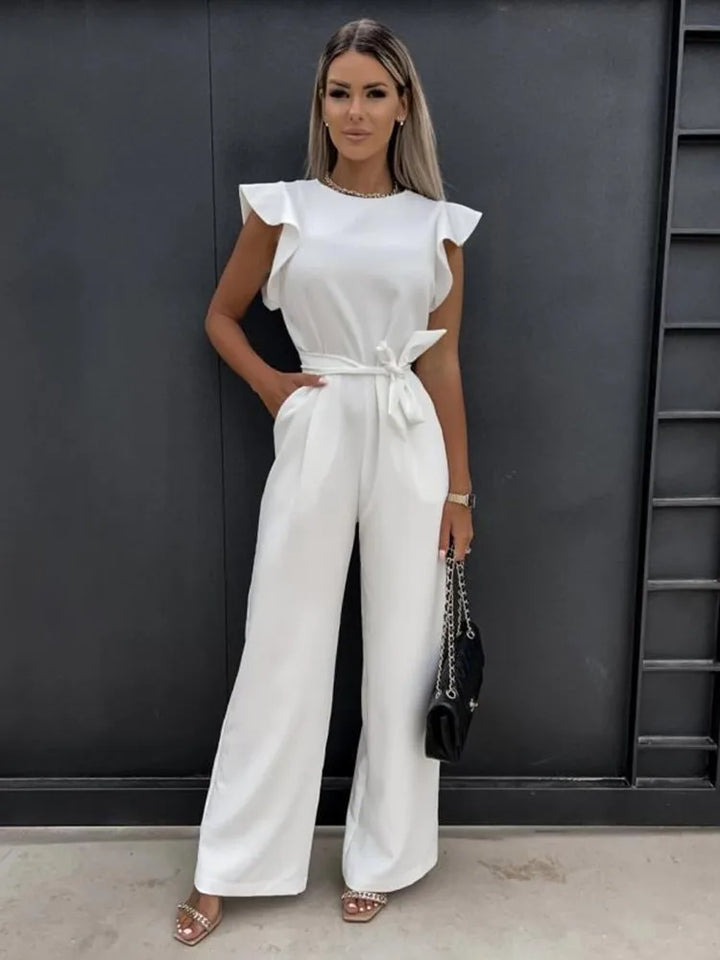 Damen Jumpsuit mit Rüschenärmeln und Bindegürtel