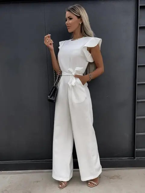 Damen Jumpsuit mit Rüschenärmeln und Bindegürtel