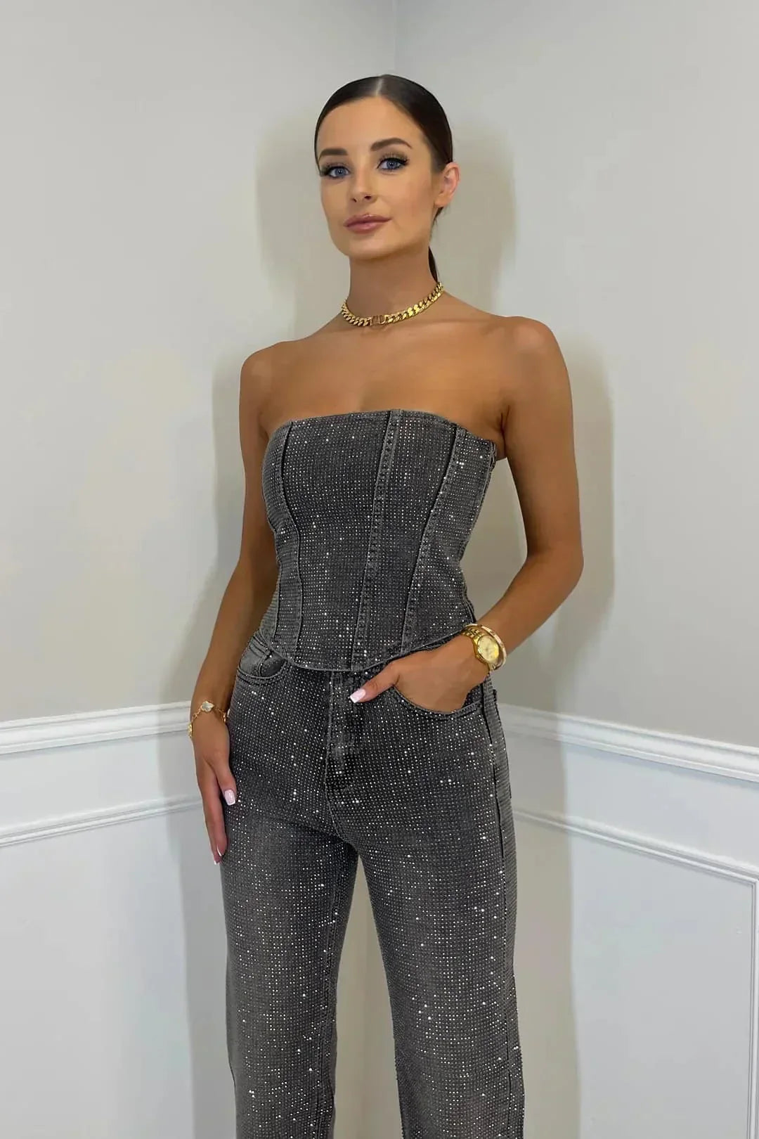 Dames jumpsuit met strapless top en steekzakken