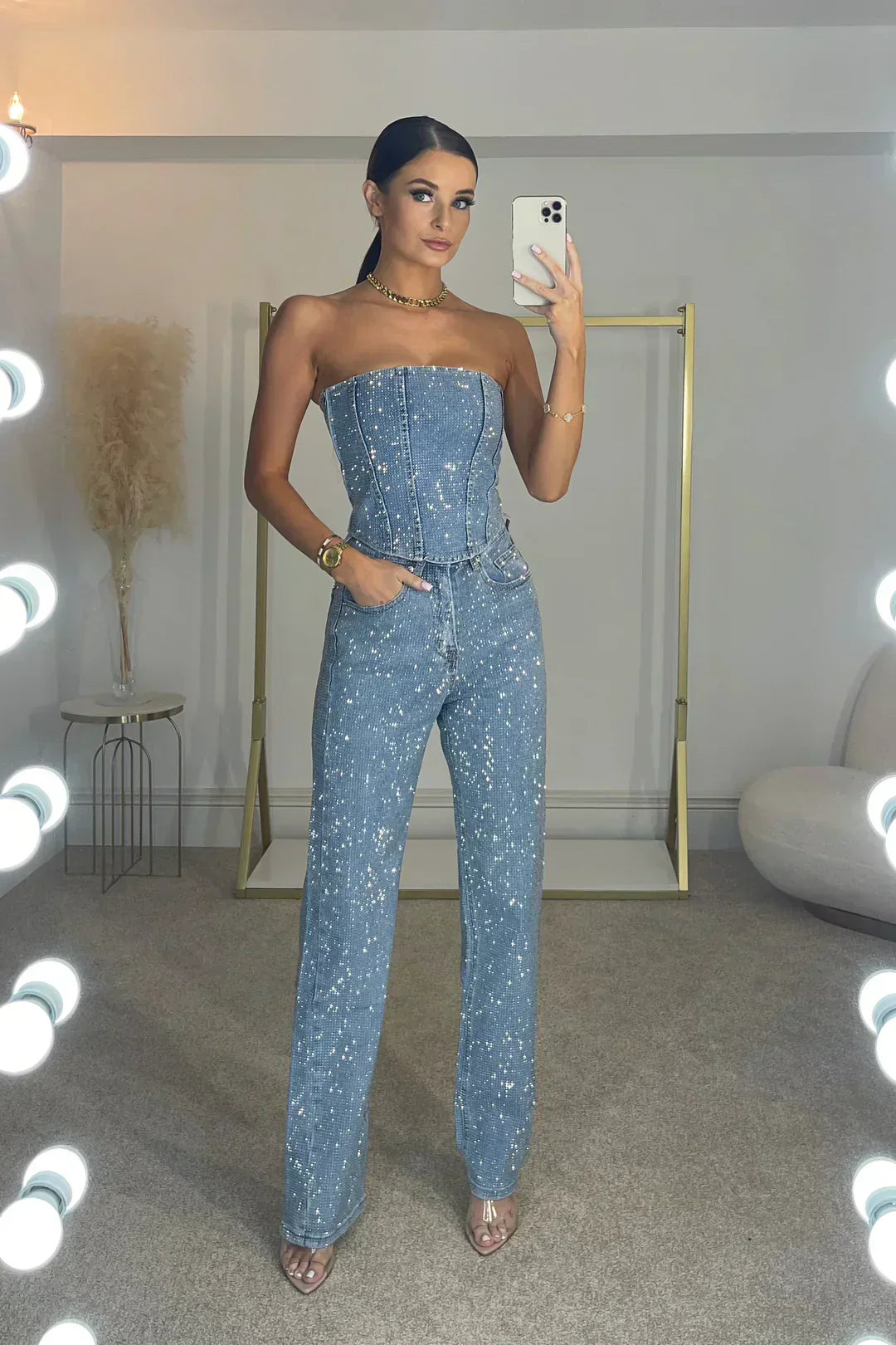 Dames jumpsuit met strapless top en steekzakken