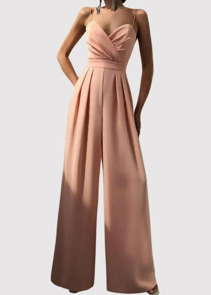 Dames jumpsuit met wikkelbovenstuk, spaghettibandjes, hartvormige halslijn en wijde pijpen