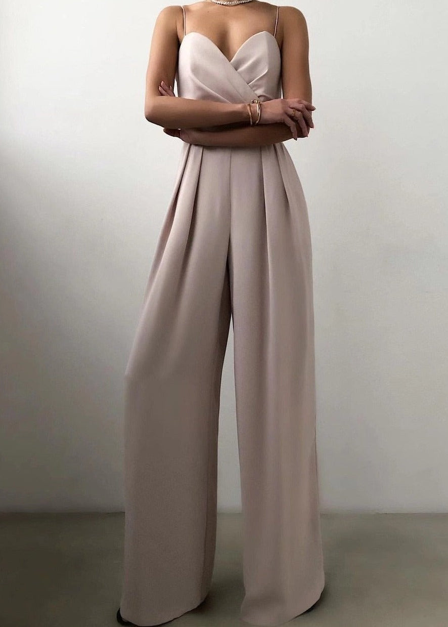 Dames jumpsuit met wikkelbovenstuk, spaghettibandjes, hartvormige halslijn en wijde pijpen