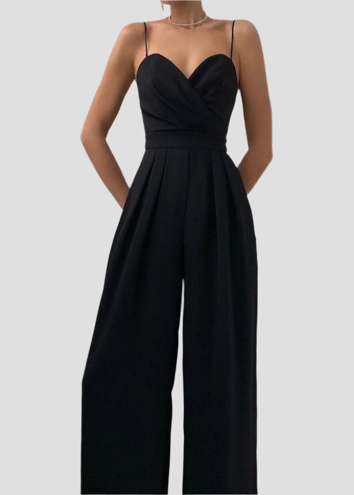 Dames jumpsuit met wikkelbovenstuk, spaghettibandjes, hartvormige halslijn en wijde pijpen