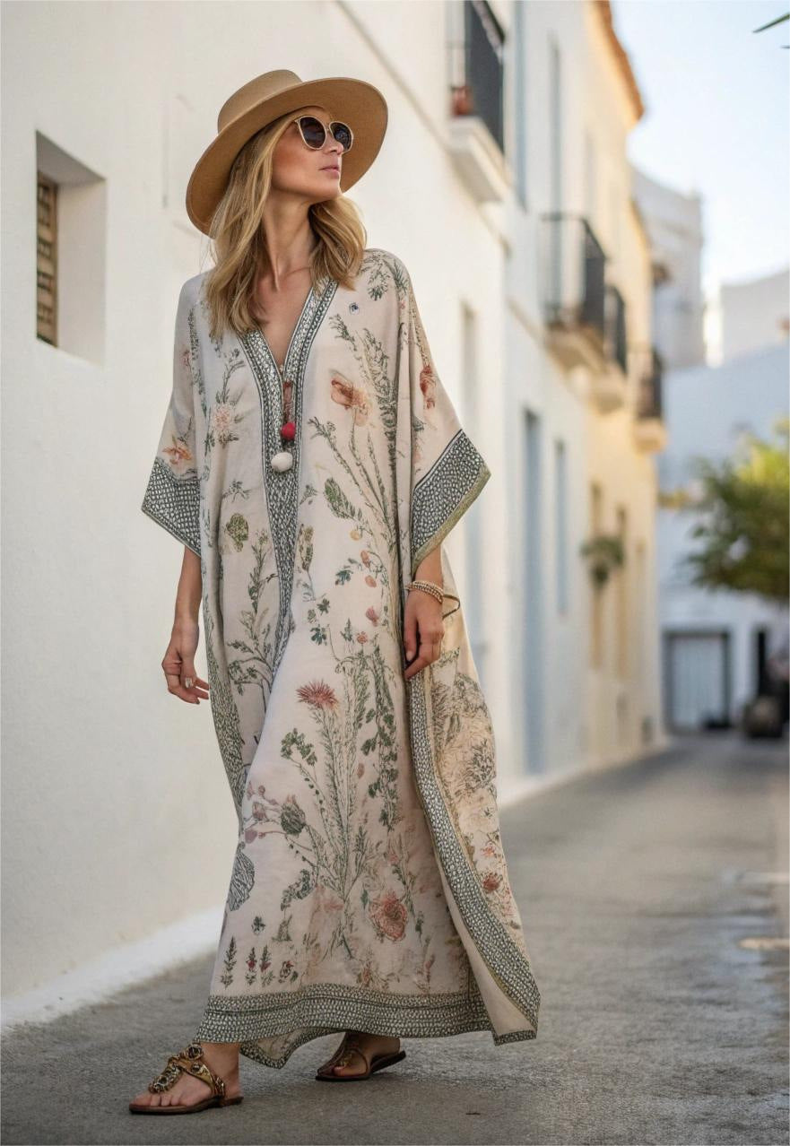 Dames kaftan-maxijurk met V-hals, wijde mouwen, bloemenprint en sierbies
