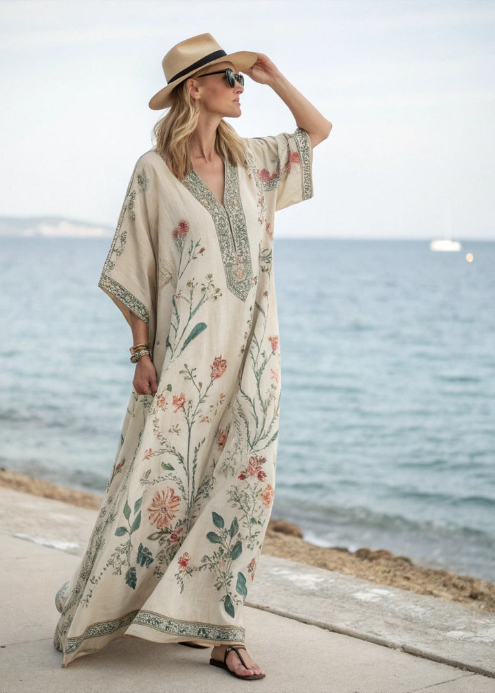 Dames kaftan-maxijurk met V-hals, wijde mouwen, bloemenprint en sierbies