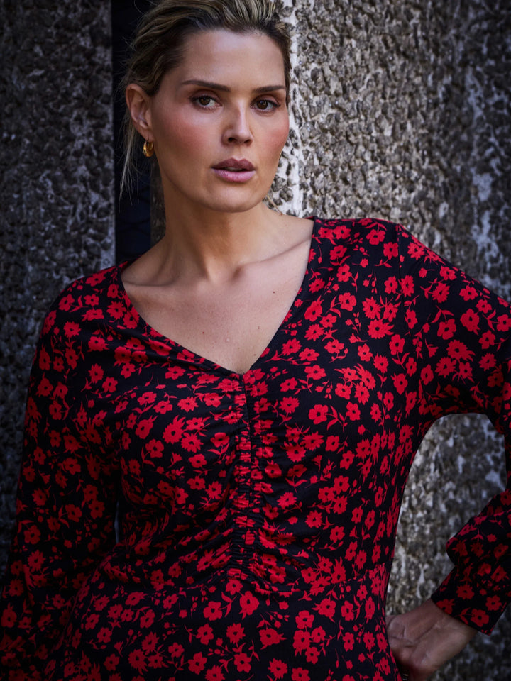 Talea Damen Kleid mit V-Ausschnitt, Raffung und Ballonärmeln