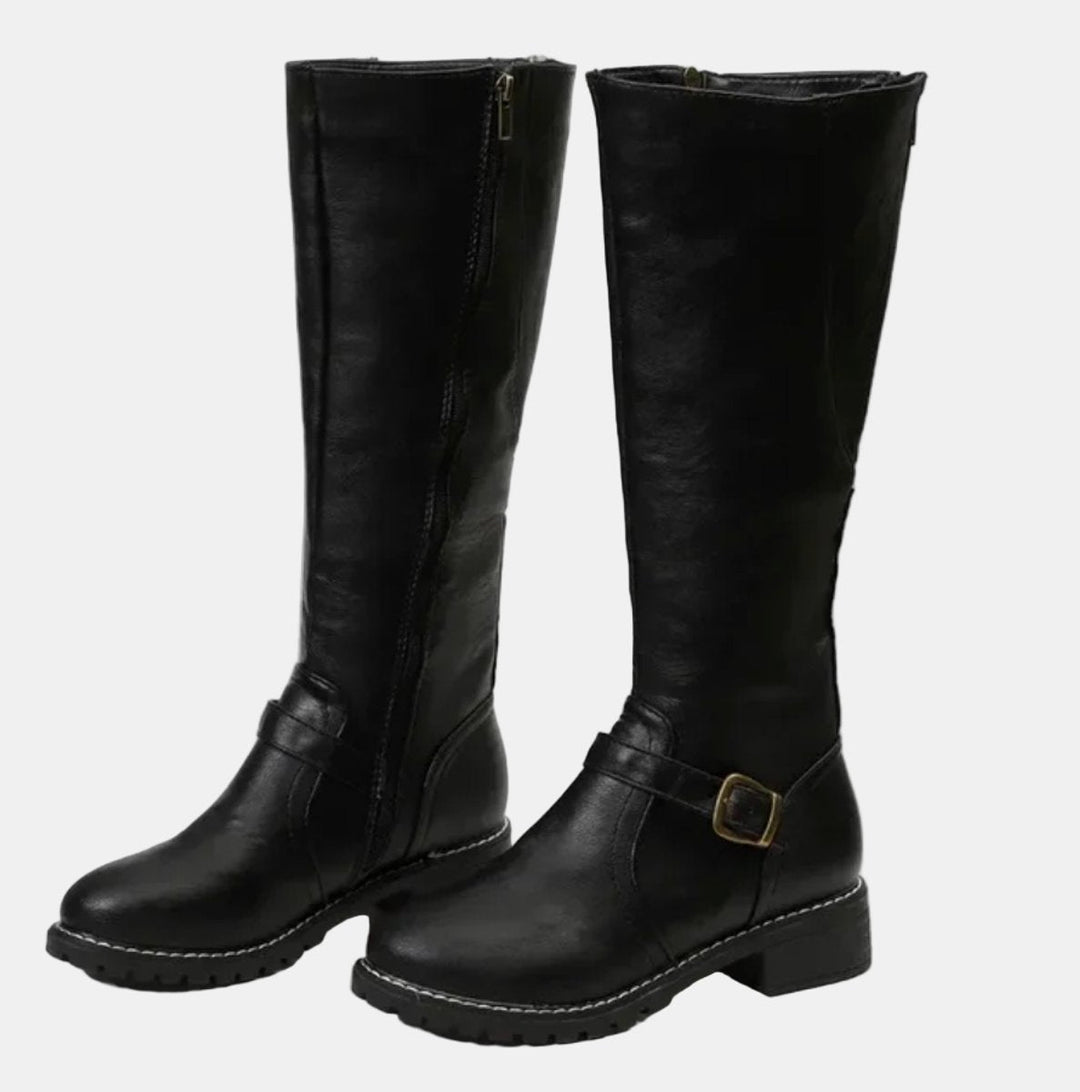 Nora | Damen Kniehohe Stiefel mit Schnalle und Reißverschluss
