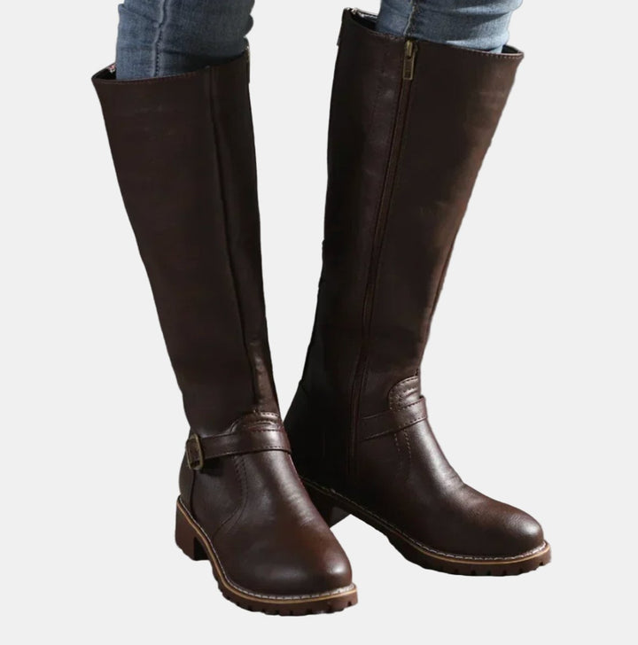Nora | Damen Kniehohe Stiefel mit Schnalle und Reißverschluss