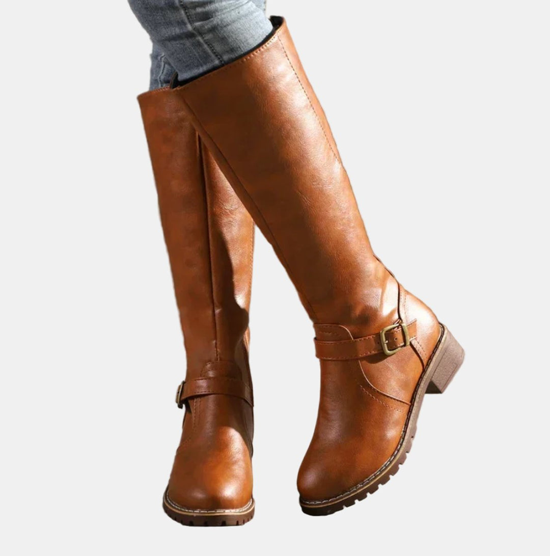 Nora | Damen Kniehohe Stiefel mit Schnalle und Reißverschluss