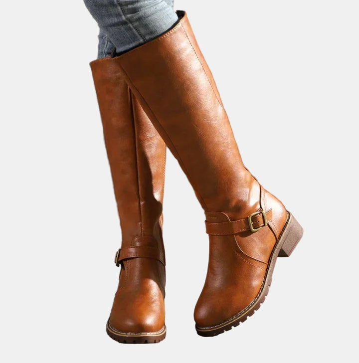 Nora | Damen Kniehohe Stiefel mit Schnalle und Reißverschluss