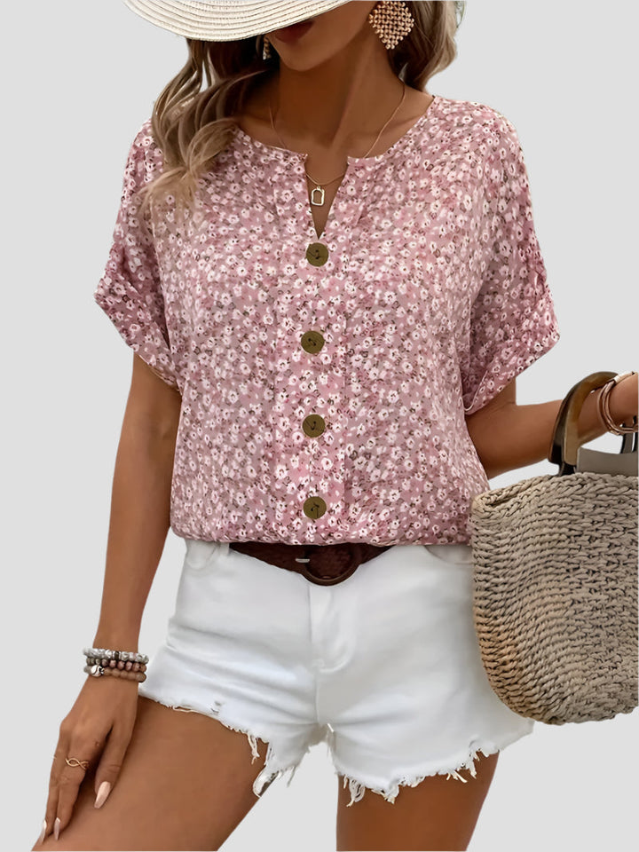 Dames overhemd met korte mouwen, bloemenprint en V-hals