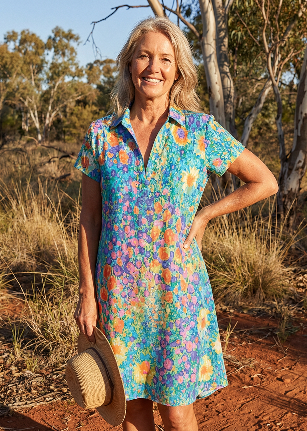 Damesoverhemdjurk met korte mouwen, polokraag en bloemenprint