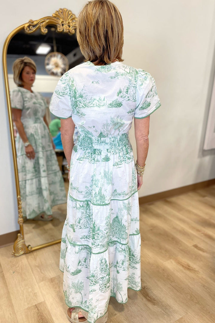 Dames maxi-jurk met korte mouwen, inkeping in de hals, geplooide taille, gelaagde rok en print