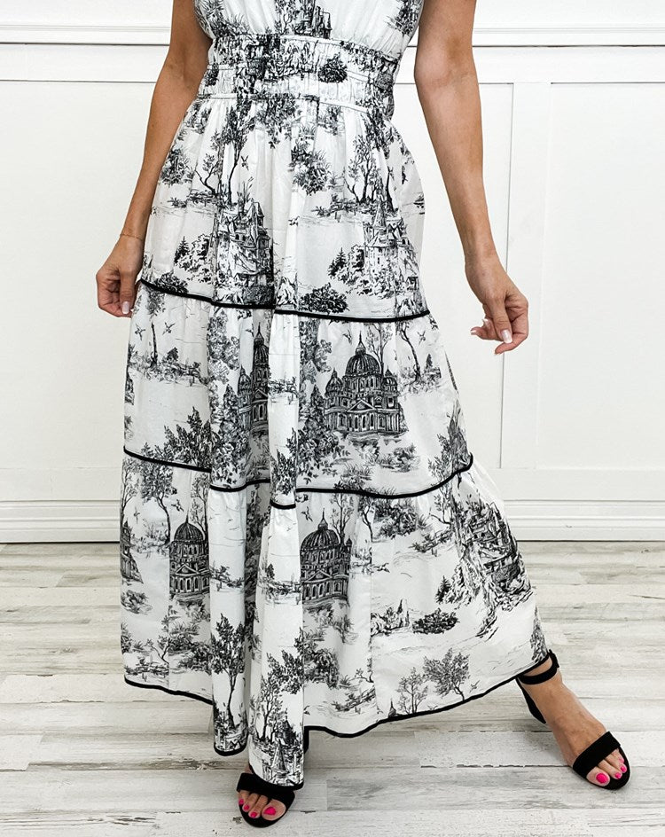 Dames maxi-jurk met korte mouwen, inkeping in de hals, geplooide taille, gelaagde rok en print